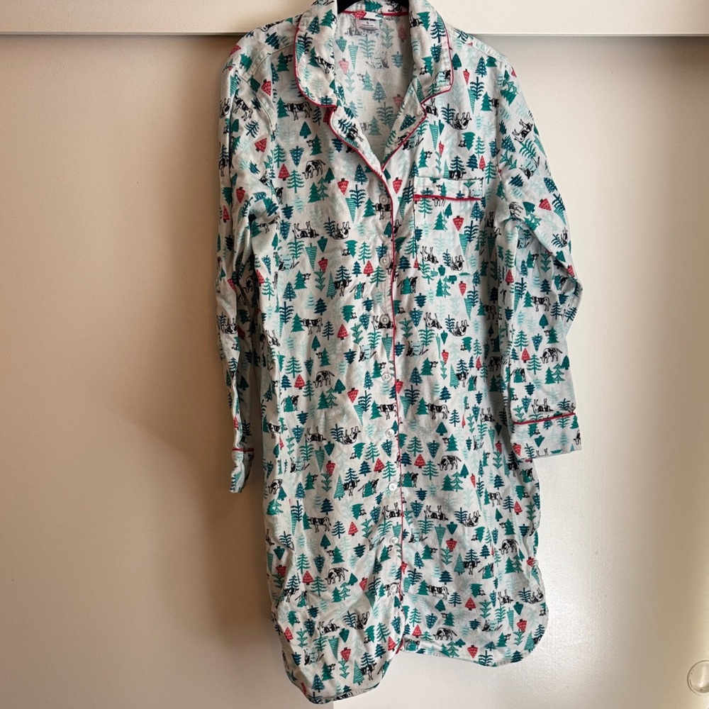 Lands' End Holiday Print Nightshirt XL 18 pine trees Cows